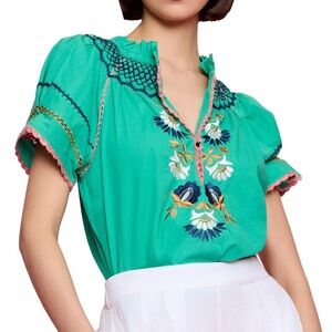 Figue Rosie Embroidered 100% Cotton Short Sleeve Blouse Top Small